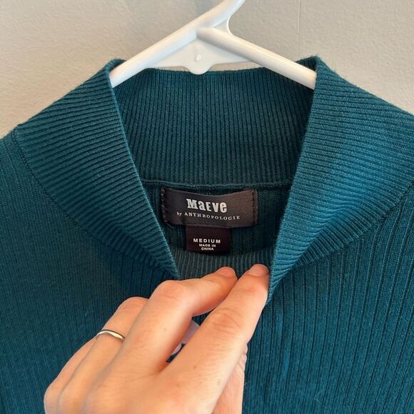 Anthropologie NWOT Mock Neck Bell Sleeve Teal Ribbed Knit Sweater - Picture 4 of 5
